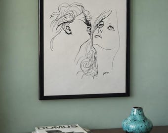 Lámina artística vintage enmarcada: Mujer y niño – Estilo Guttuso italiano de los años 70