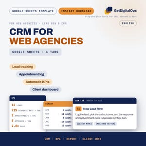May include: A digital Google Sheets template for web agencies titled CRM FOR WEB AGENCIES. It features sections for lead tracking, appointment logs, automatic KPIs, and a client dashboard. The layout includes data tables for KPI, report, and CRM tab.