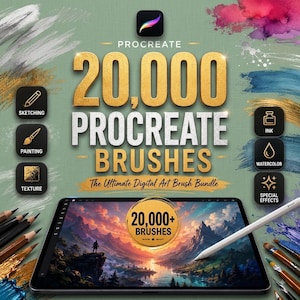 Könnte beinhalten: Ein digitales Kunstpaket mit dem Text 20,000 PROCREATE BRUSHES und The Ultimate Digital Art Brush Bundle. Das Bild zeigt einen Tablet-Bildschirm mit einer Landschaftsillustration, einen Eingabestift sowie Symbole für Skizzieren, Malen, Textur, Tinte und Aquarell.