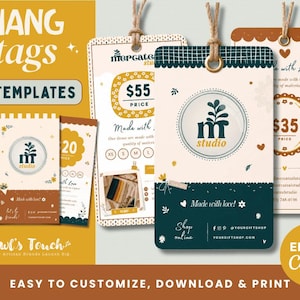 May include: A collection of nine rectangular hang tag templates featuring a cream, dark green, and mustard yellow color palette. The designs include circular logos, floral accents, price fields, and the text "Made with love" and "Shop online".