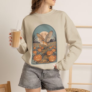 May include: A beige crewneck sweatshirt featuring a graphic print of a barn owl flying over a pumpkin patch at night. The illustration includes a full moon, bare trees, and several jack-o'-lanterns with carved faces set within a rounded arch frame.