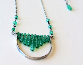 Cascade Green Onyx Necklace | Sterling Silver Green Oxyx Necklace | Oxidized Silver Necklace