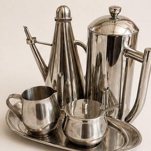 May include: A polished stainless steel coffee and tea service set consisting of a tall cylindrical French press, a conical oil or vinegar cruet, a small creamer pitcher, and a sugar bowl with a lid, all arranged on an oval serving tray.