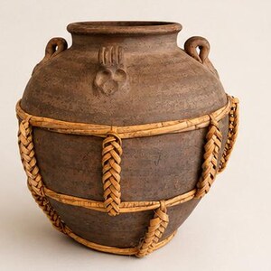 Rustic Pottery Storage Jar with Woven Wheat Harness
