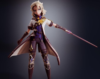 May include: A detailed anime-style figurine of a character with blonde hair, wearing a white and purple coat with gold accents, dark trousers, and knee armor. The figure holds a thin, pointed sword in one hand, featuring a purple gem detail.