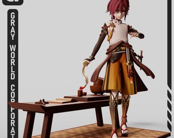 May include: A stylized anime-inspired figurine featuring a character with short red hair, wearing a white top, brown coat, and mustard yellow shorts. The figure stands on a checkered base next to a dark wooden table with a book and small cups.