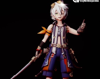 May include: A 3D anime-style figurine of a character with white hair, goggles, and green eyes, wearing a white and blue outfit with orange accents. The character holds a sword in one hand and gives a thumbs up with the other, set against a black background.