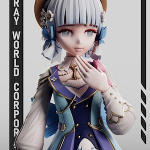 Op de afbeelding: Een 3D anime-stijl figuur met wit haar, een beige hoed en een blauw-witte jurk met gouden accenten. Het figuur houdt een hand bij de kin. De tekst "GRAY WORLD CORPOR" en een "CV"-logo zijn zichtbaar aan de linkerkant van het beeld.
