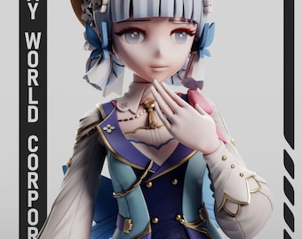 May include: A 3D anime-style figurine of a character with white hair, a tan hat, and a blue and white dress with gold accents. The figure has a hand near the chin. The text "GRAY WORLD CORPOR" and a "CV" logo are visible on the left side of the frame.
