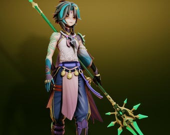 May include: A detailed anime-style figurine of a character with teal and dark hair, wearing a white and purple outfit with intricate patterns. The figure holds a long green and gold polearm weapon with glowing teal accents and features green arm tattoos.