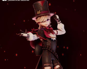 May include: A collectible figurine of a character wearing a black top hat with a red band, a black and red tailcoat, a white shirt with a red bow tie, and black shorts. The character has blonde hair, one visible purple eye, and gloved hands.