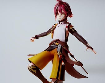 May include: A collectible anime-style figurine featuring a character with short magenta hair and green eyes. The figure wears a white sleeveless top, brown arm sleeves, yellow shorts with black accents, and brown leg guards with gold detailing.