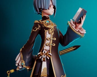 May include: A stylized figurine of a character with short blue hair, wearing a dark brown coat with gold trim and white ruffled cuffs. The figure holds a small book in one hand and a sword in the other, with text reading Gray World Corporation Genshin Impact Collection.