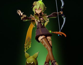 May include: A collectible anime-style figurine of a character with short light green hair and purple eyes, wearing a dark brown outfit with green accents, holding a silver bow, and accompanied by a small green creature with yellow eyes.
