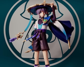 May include: A collectible anime-style figurine of a character with purple hair, wearing a wide-brimmed hat, a white and blue top, dark shorts, and a flowing blue cape. The figure features intricate gold accents, tassels, and a green pendant.