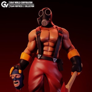 May include: A muscular figurine wearing a black gas mask, orange gloves, and red pants with black suspenders. The figure holds a blue masked head in one hand and a red axe in the other. Text at the top reads Gray World Corporation Team Fortress 2 Collection.