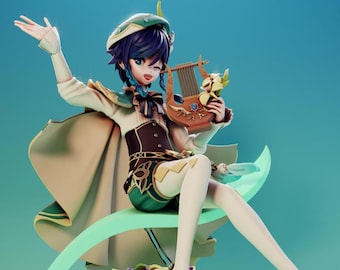 May include: A detailed anime-style figurine of a character with dark blue hair, wearing a green beret, a cream-colored shirt, a dark corset, and green shorts. The figure holds a small wooden lyre and sits on a curved, light green crescent base.