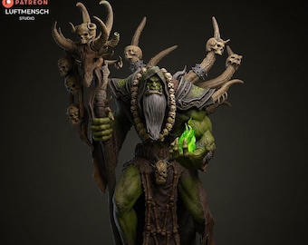Könnte beinhalten: Eine grünhäutige Ork-Schamanen-Figur mit langem weißem Bart, die einen Kapuzenumhang und eine Totenkopfkette trägt. Die Figur hält einen Stab, der mit Tierhörnern und Totenköpfen verziert ist, und eine leuchtend grüne Flamme in der anderen Hand.