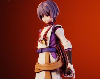 May include: A collectible anime-style figurine featuring a character with short purple hair and purple eyes. The figure wears a white and purple tunic with a tan sash, a dark purple belt, and a red cord necklace with a small charm, holding a dark sphere.