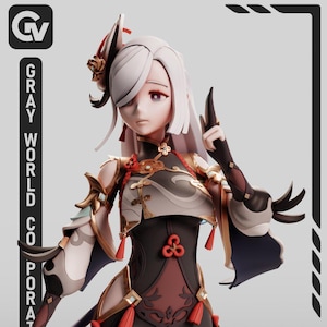 May include: A collectible anime-style figurine featuring a character with long white hair, wearing a black and white outfit with gold accents and red tassels. The figure has a high collar, flared sleeves, and a logo reading GRAY WORLD CORPORATION.
