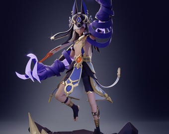 May include: A collectible figurine of a character wearing an Anubis-inspired mask, blue and white garments, and large purple claw-like gauntlets. The figure stands on a base of dark rocks and sand, with text reading Gray World Corporation Genshin Impact Collection.
