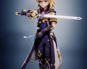 May include: A stylized anime-style figurine of a character with blonde hair, wearing a white and dark blue coat with gold accents, dark trousers, and gloves. The character holds a long, slender sword with a blue and gold hilt horizontally.