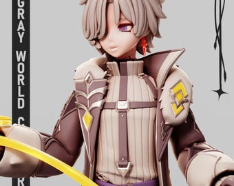 May include: A collectible anime-style figure featuring a character with light gray hair, wearing a brown coat with cream-colored fur trim, a ribbed cream shirt, and a purple waist sash. The figure includes a yellow translucent accessory and Genshin Impact text.