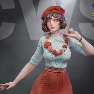 Può includere: Una statuetta da collezione raffigurante una persona con capelli castani corti, che indossa un basco rosso, una camicia azzurra a pois, una collana con diverse rose rosse e rosa e una gonna plissettata color ruggine con cintura marrone. Logo CWS.