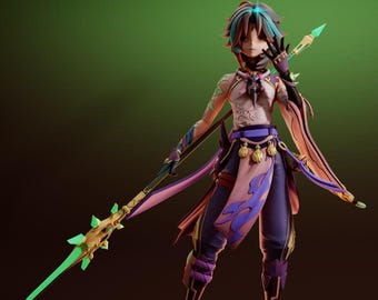 May include: A stylized anime-inspired figurine featuring a character with teal and dark hair, wearing a light-colored top with purple accents, dark pants, and a long flowing sash. The figure holds a long spear with a glowing green pointed tip.