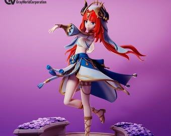 May include: A stylized anime-style figurine featuring a character with vibrant red hair, wearing a blue and white outfit with gold accents. The character is posed dynamically with one arm extended, standing on a base decorated with purple flowers.