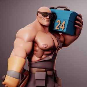 May include: A muscular, bald character wearing brown goggles and a dark brown apron with a utility belt. The character holds a blue toolbox with the number 24 printed in yellow on the side. The character wears a yellow glove on one hand.