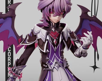 Op de afbeelding: Een verzamelbaar anime-figuur van een personage met paars haar, rode ogen en donkere vleugels. Het figuur draagt een zwart en paars jasje met witte accenten, een hartvormig borststuk en een witte broek. De tekst Genshin Impact is zichtbaar.