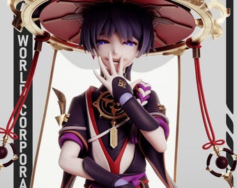 Op de afbeelding: Een verzamelbaar anime-figuurtje van een personage met donker haar, met een grote, versierde hoed met brede rand, gouden accenten en rode kwastjes. Het personage draagt een donkerpaarse en rode outfit met gouden details en vingerloze handschoenen.