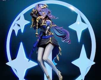 May include: A detailed anime-style figurine of a character with long, wavy purple and blue hair, wearing a dark blue and black outfit with gold accents. The figure is posed in front of a large, glowing light blue circular frame with four-pointed stars.