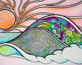 May include: A colorful abstract illustration of a sunset over a wave. The sun is orange and the wave is blue, green, and purple. The background is pink and white.