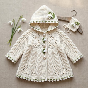 Peut inclure: Un gilet à capuche couleur crème avec des motifs en torsades complexes, des détails floraux et des bords festonnés blancs. Le vêtement comporte quatre gros boutons, chacun orné d'une petite applique de perce-neige vert et blanc.