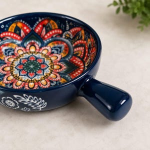 Hand Painted Ceramic Serving Bowl, Boho Mandala Kitchenware, Artisan Pottery Handle