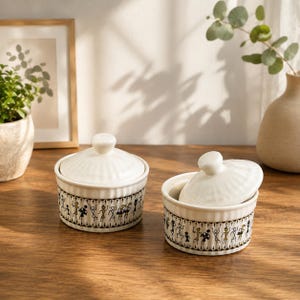 Op de afbeelding: Twee ronde witte keramische potten met deksel, voorzien van een geribbelde textuur en een patroon van zwarte en gele stokfiguurtjes rond de basis. Elke pot heeft een bijpassend afneembaar deksel met een kleine knop als handvat.
