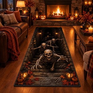 3D Illusion Skeleton Rug, Creepy Dungeon Stairs Runner, Spooky Halloween Mat, Gothic Crypt Floor Carpet, Dark Macabre Area Rug
