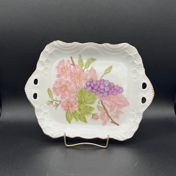 Vintage Ceramic Porcelain Floral and Grapes Plate Tray Hand Painted Gold Trim FREE SHIPPING