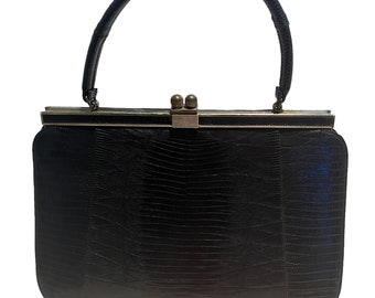 Vintage Bellestone Retro Handbag with Top Handle Black Lizard Reptile Purse 1950's with Small Mirror FREE SHIPPING
