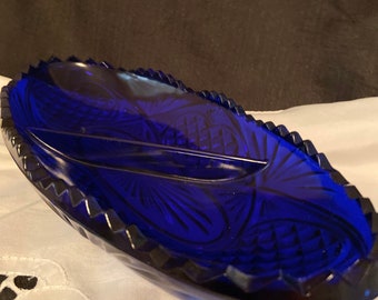 Vintage Cobalt Blue Glass Divided Candy Dish Relish Dish FREE SHIPPING