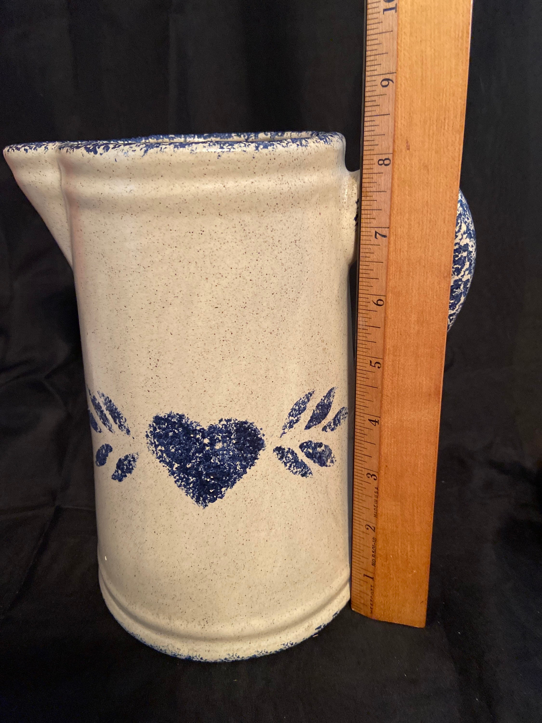 Vintage Pottery Pitcher Blue Sponge Glaze Folk Art Heart FREE Etsy
