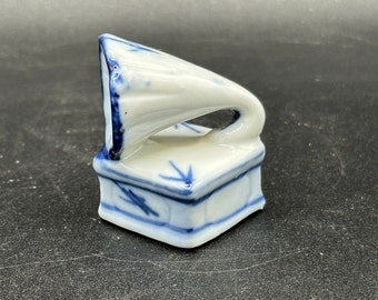 Vintage Miniature Ceramic Blue and White Mini Victrola Figurine Delft Like for Shadowbox or Gift FREE SHIPPING