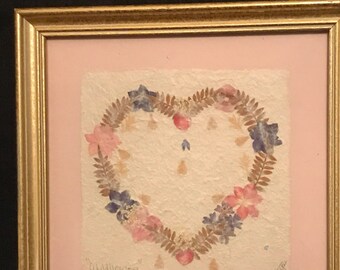 Vintage Heart Picture Shaped Pressed Wildflowers Pink Pastel Decor Framed 1997 Cottage Chic, Baby Shower, Valentine's Day FREE SHIPPING