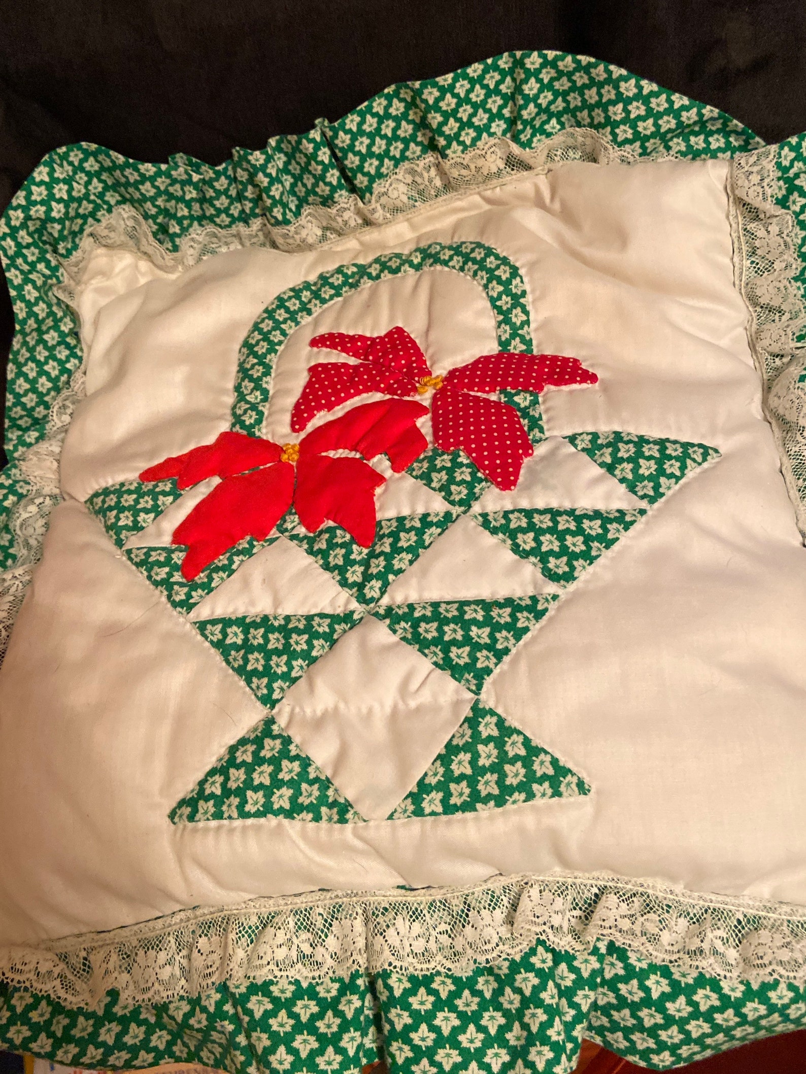 Vintage Christmas Chair Cushion Poinsettia Quilted Pillow Lace Etsy