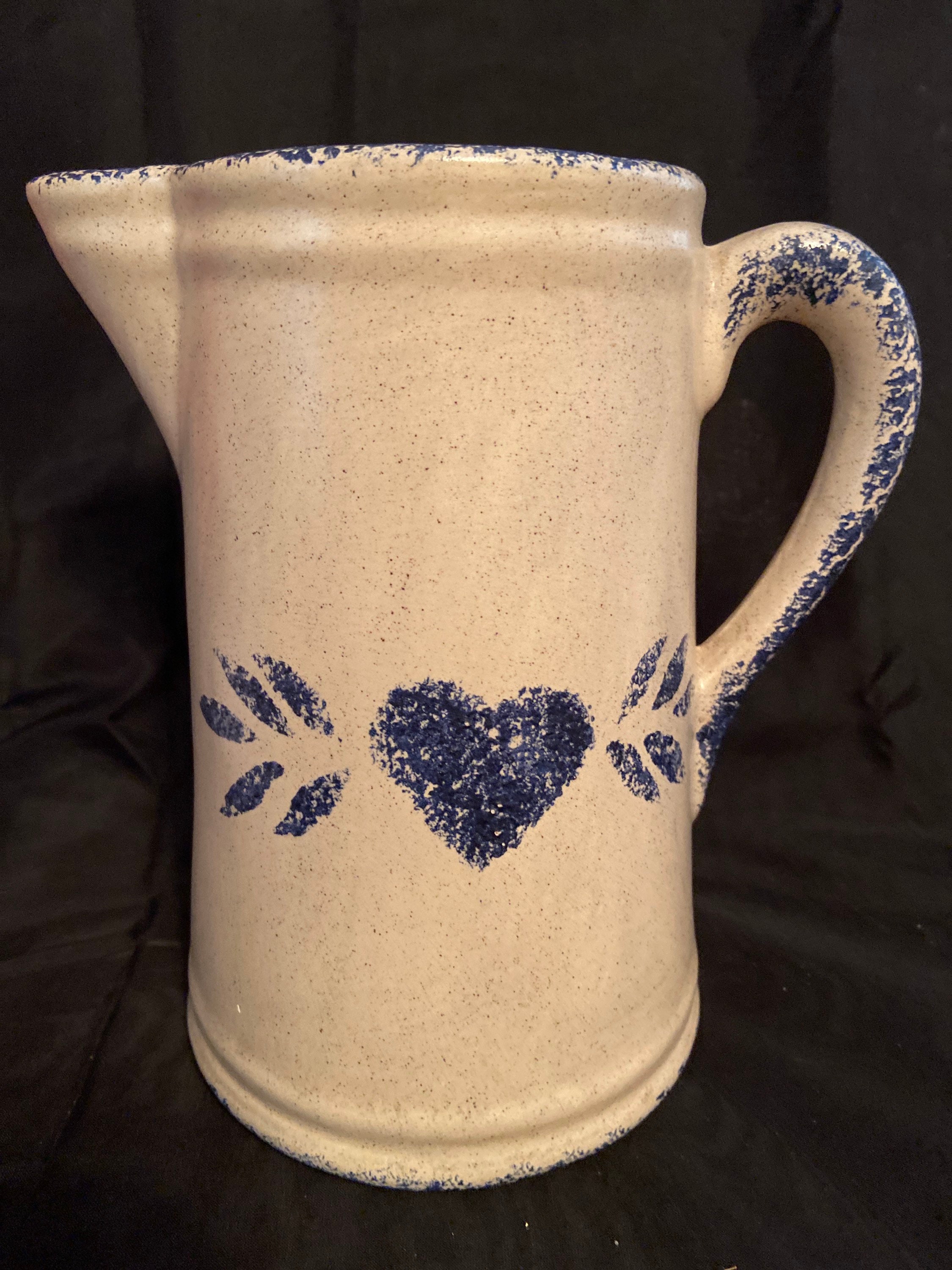 Vintage Pottery Pitcher Blue Sponge Glaze Folk Art Heart FREE Etsy