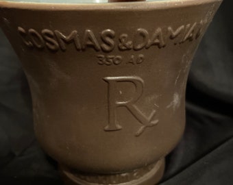 Vintage Cosmas & Damien Mortar and Pestle Schering Pottery Secundum Artem Pottery RX Pharmacy FREE SHIPPING