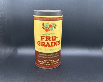 Mapleton's Fru-Grains Cereal Collectible Tin Fruit & Nut Food Co Liverpool England Vintage Advertising Metal Can Kitchen Decor FREE SHIPPING