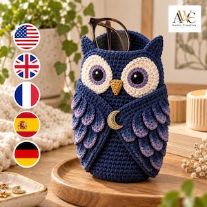 Owl Glasses Case Crochet Pattern PDF, Owl Eyeglass Sleeve with Wing Closure, Sunglasses Pouch, Intermediate Crochet Pattern